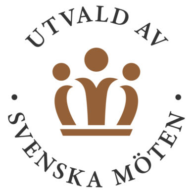 Svenska Möten loggan med bakgrund, krona i mitten. Aronsborg visar att vi är ett medlemshotell.